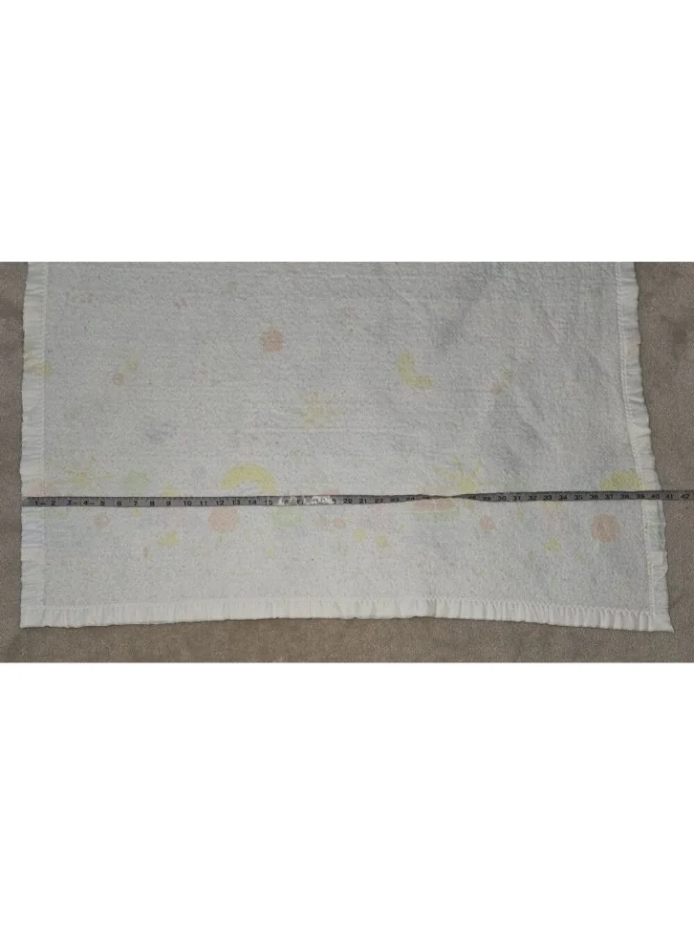 VTG WPL 1675 Acrylic Baby Blanket Satin Trim Boat Train Sun Tree FADED AS IS